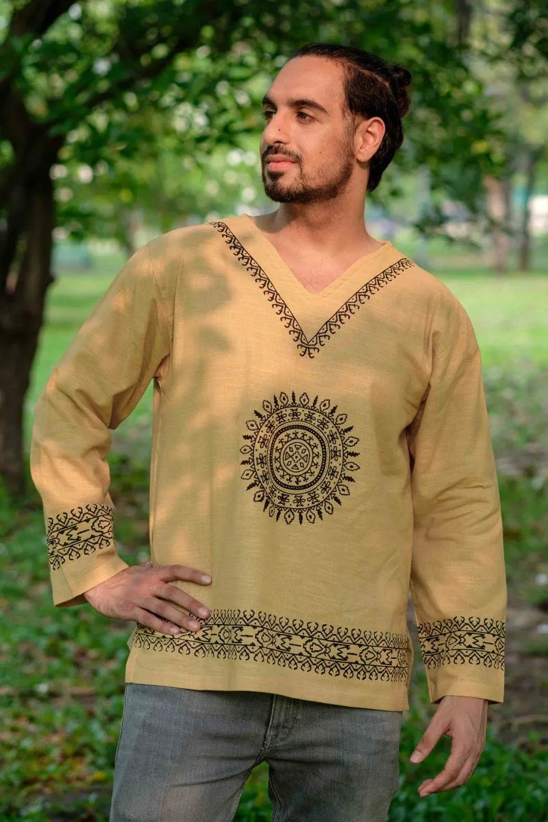 Hippie Pants Beige Mandala Shirt, beige cotton shirt with mandala print front and arms