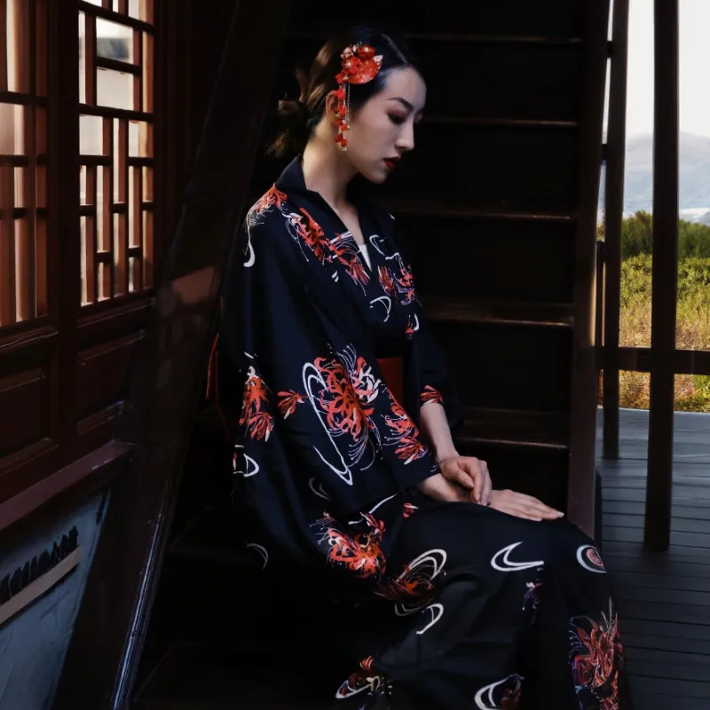 Foxtume Red Spider Lily Women Festival Yukata in bamboo cotton with floral print on a model.
