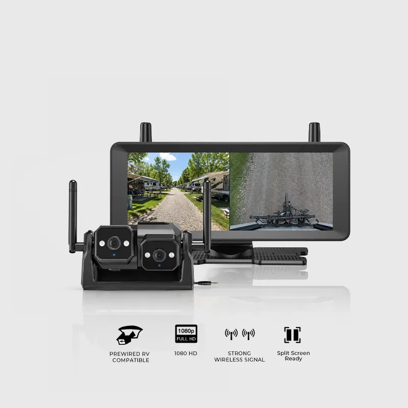 AUTO-VOX CampSync D1 Lite Dual-Lens Wireless RV Backup Camera with split-screen monitor display