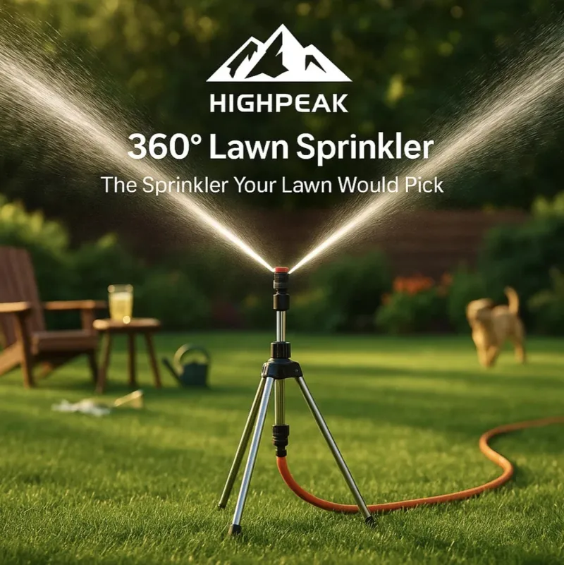 HighPeak 360° Lawn Sprinkler on its telescopic tripod, spraying an even arc over a green lawn