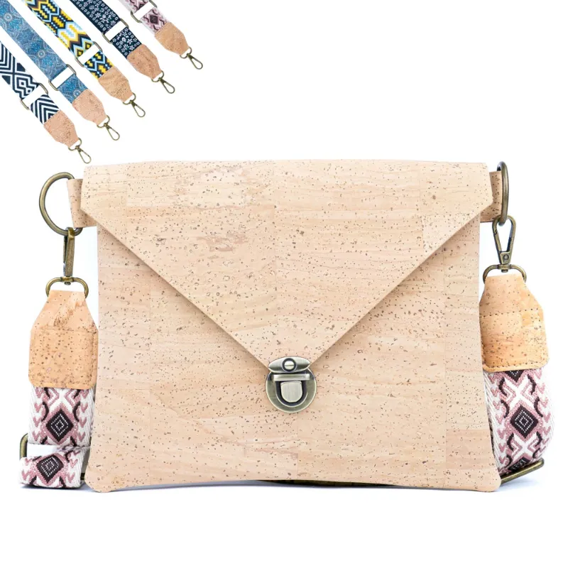 Corkadia Cork Envelope Crossbody Bag with natural cork body and interchangeable fabric strap