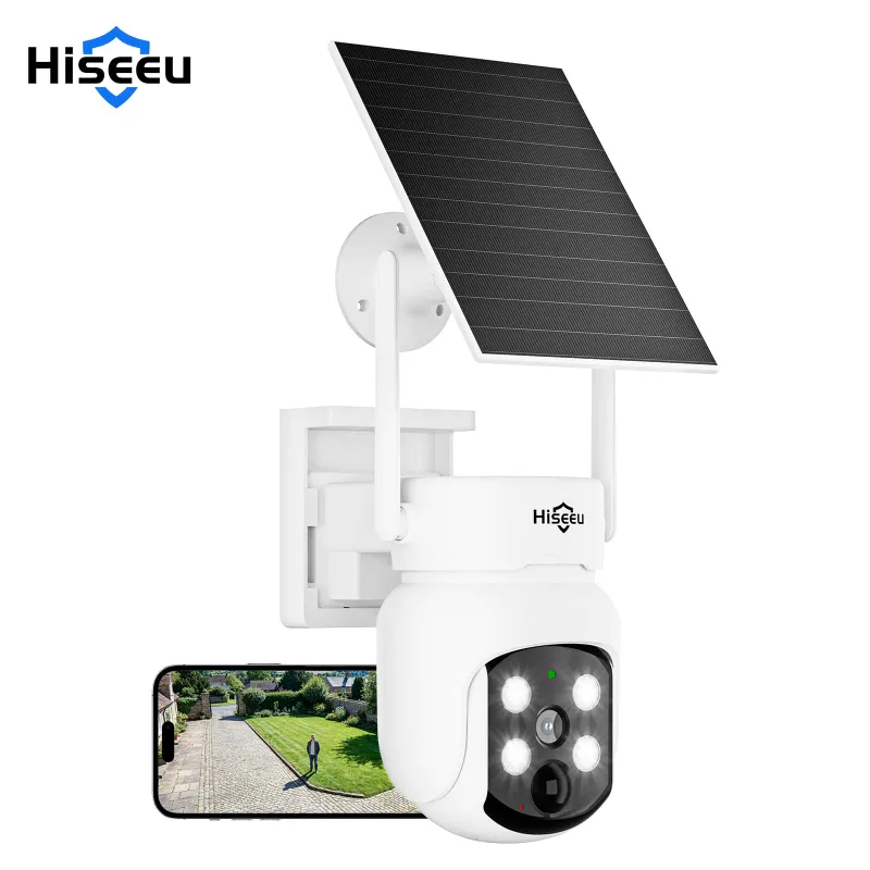 Hiseeu 4MP 2.4G 5G WiFi Solar Security Camera Wireless Outdoor, white camera with solar panel attached