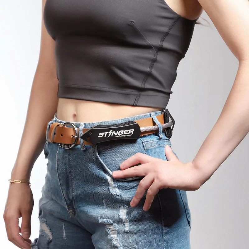The Stinger Tools Stinger Concealed Carry Whip System showing aluminum grip handle, steel cable, and emergency tool components