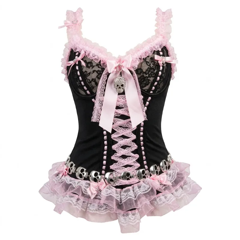 Shoptery Jirai Kei Black Pink Skull Lace-Up Corset Ruffle Mini Dress with layered skirt