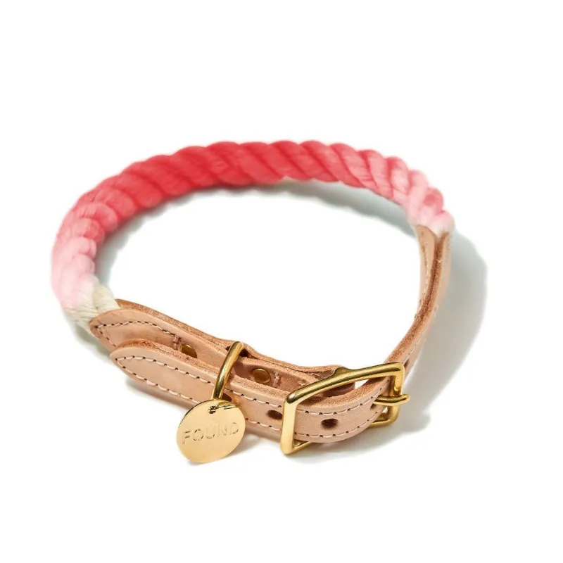 Found My Animal Coral Ombre Cotton Rope Cat & Dog Collar with brass hardware and leather details