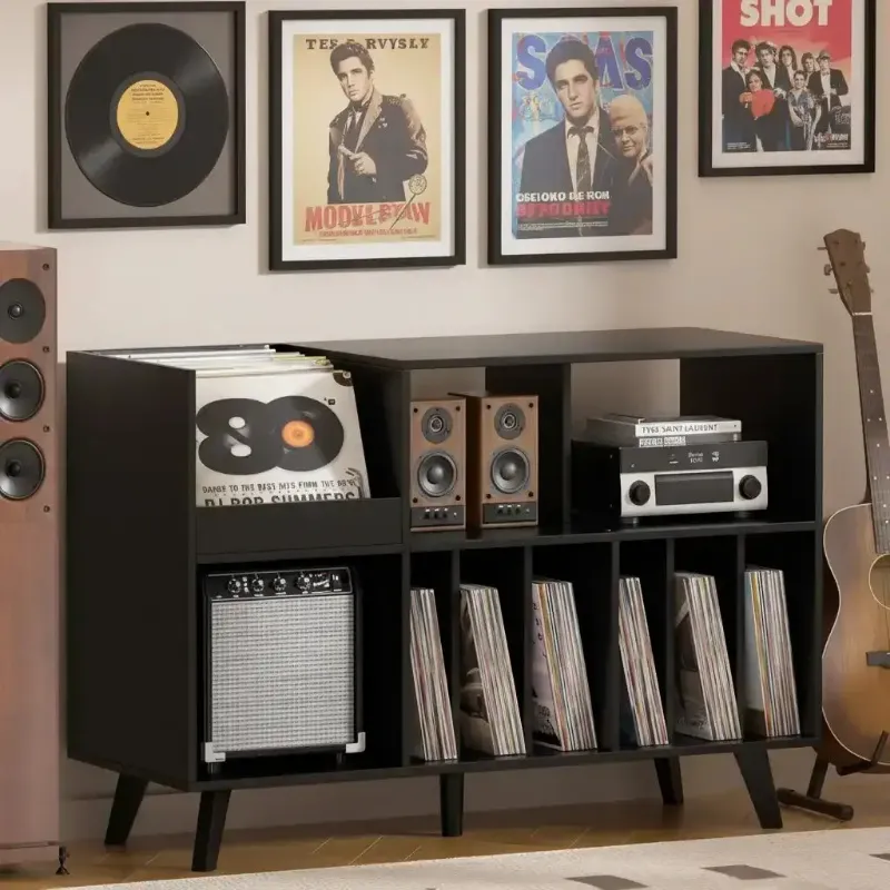 Retrolife 48 inch Record Player Stand with Vinyl Storage Display Cabinet showing 6-cube open layout and natural wood finish