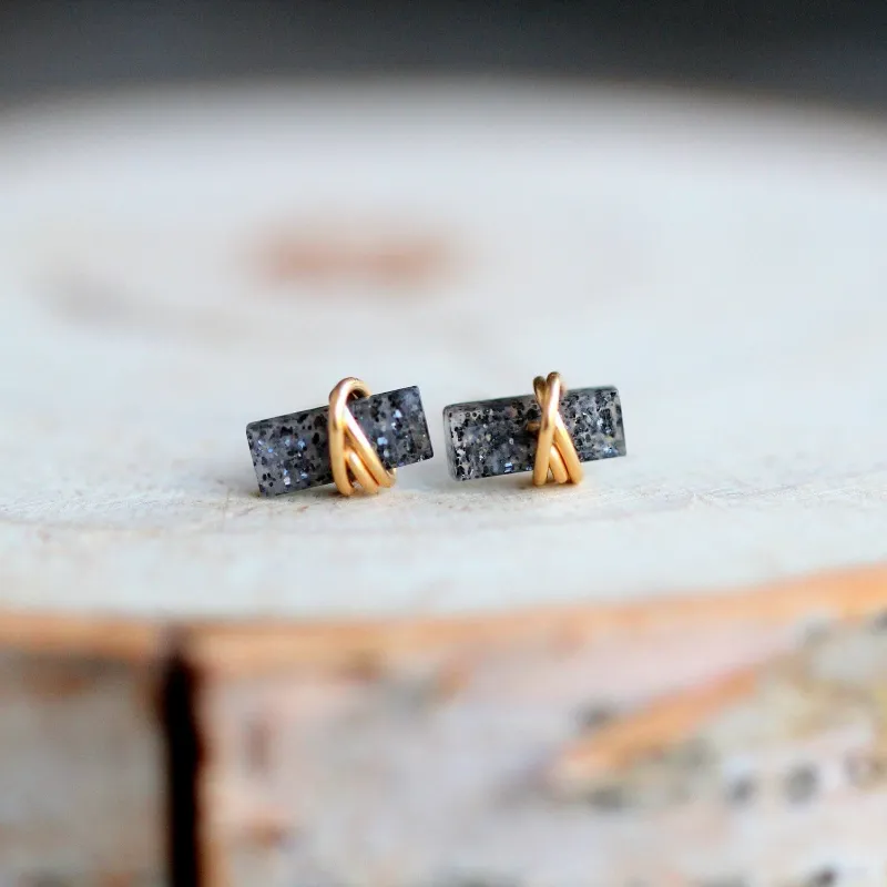Spirit Nest Baguette Studs featuring Black Sunstone geometric gemstone earrings with crisscross wire wrap