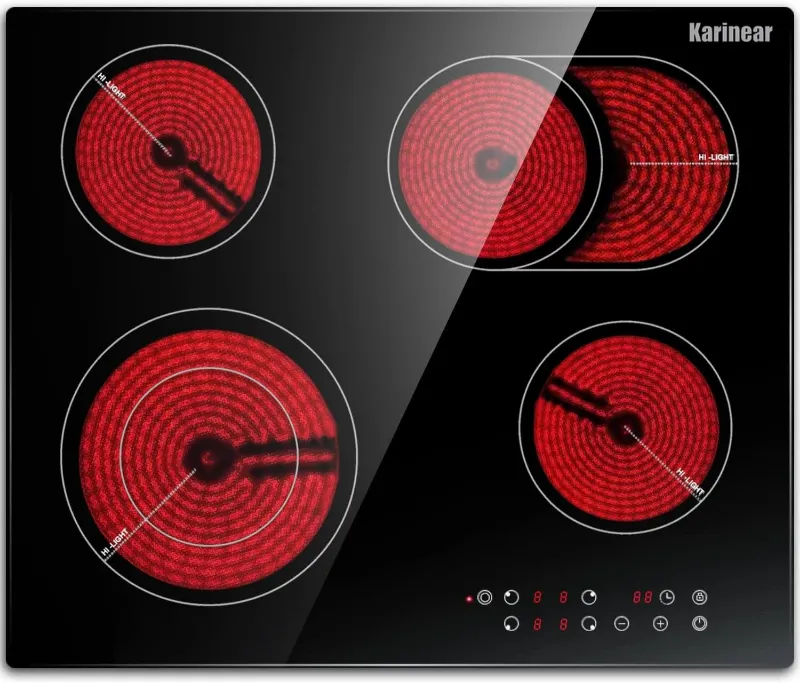 Karinear Appliances 24 Inch 4 Burner built-in Glass Ceramic Hob, black glass surface with BBQ zone