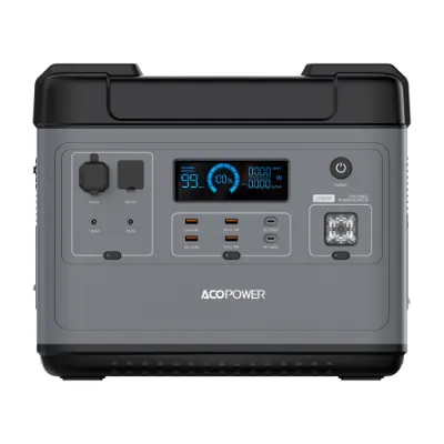 ACOPOWER P2001 Portable Power Station showing the unit with multiple outlets and display screen