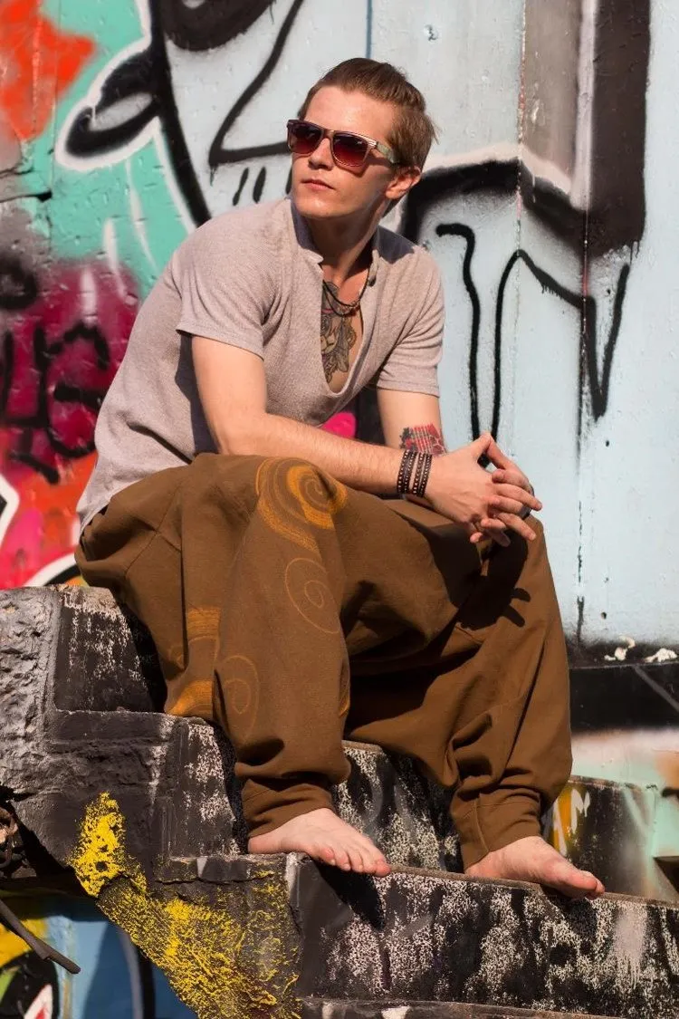 Hippie Pants Beige Evolution Pants, men's beige cotton pants with drawstring waist