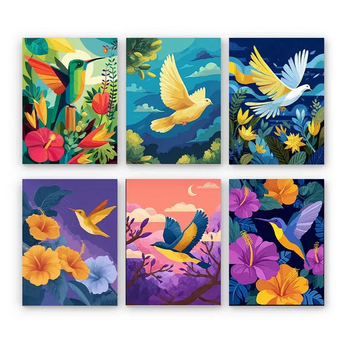 Maikoo Art 6 Mini PBN Birds of Joyful Flight paint by numbers kit with six small framed bird canvases