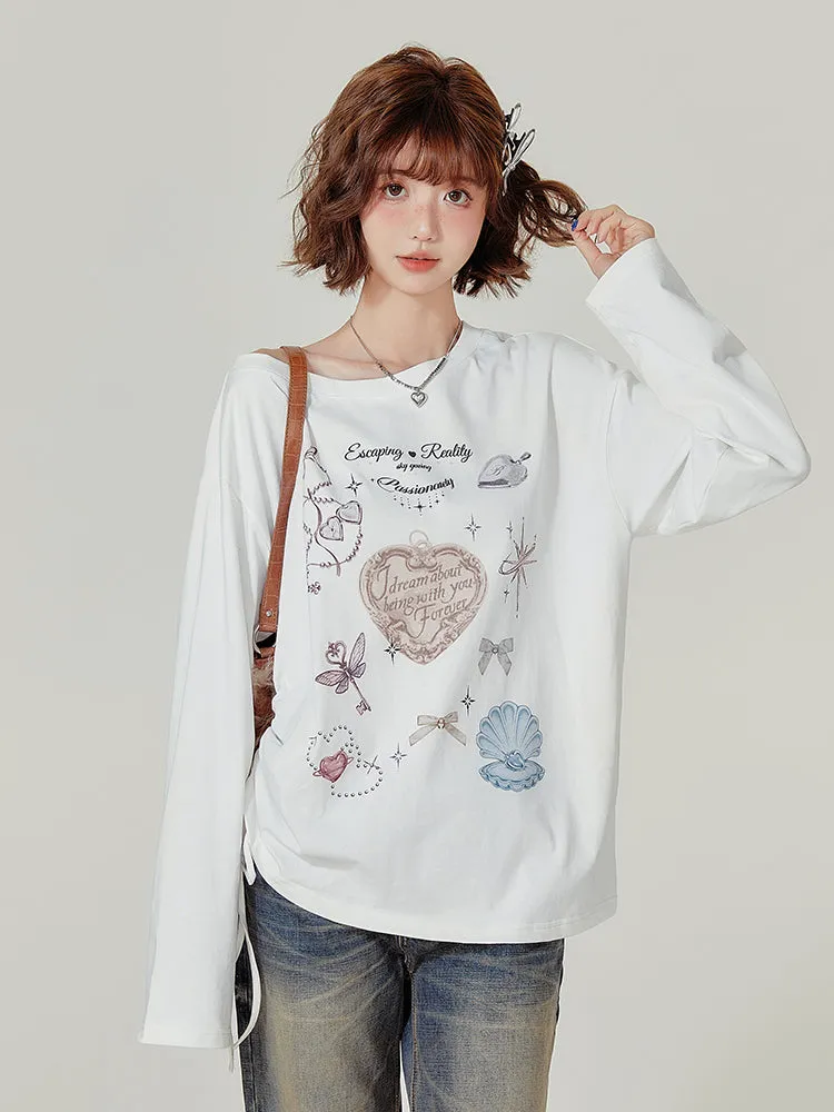 Juwas American Style Long-Sleeve Casual White T-Shirt showing flat lay front view