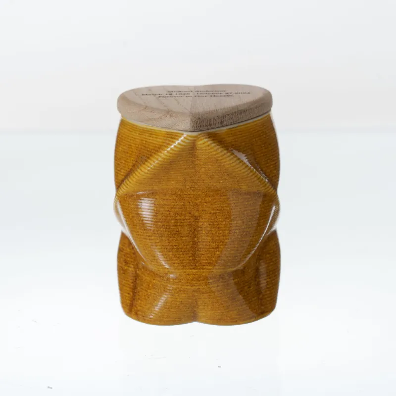 Pulvis Art Urns Cremation Urn Nexus 3D Printed Ceramic Urn in Amber Yellow, keepsake size with heart design and wooden lid
