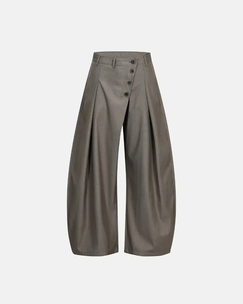 INFLATION Asymmetric Pleated Barrel-Leg Suit Pants with wide-leg silhouette and structured pleats