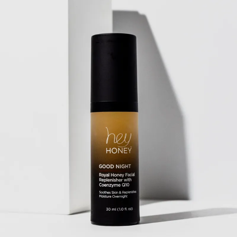 Hey Honey Good Night Vitamin E and Coenzyme Q10 Night Serum bottle for overnight skin repair