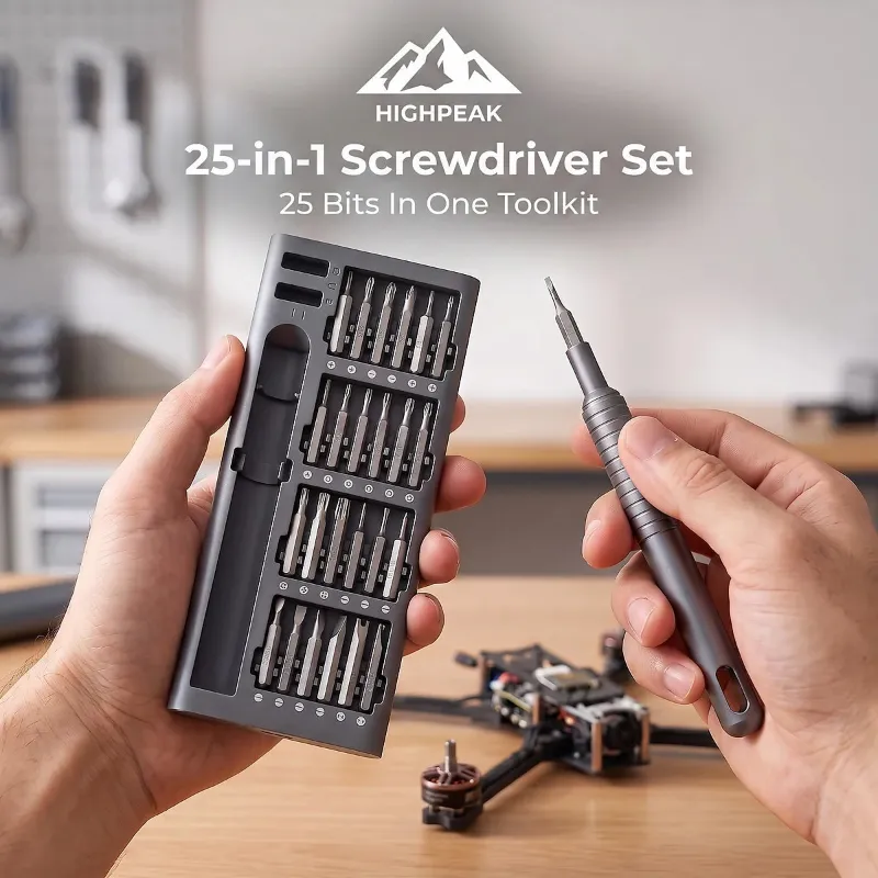 HighPeak 25-in-1 Screwdriver Set with assorted precision bits in an open portable case