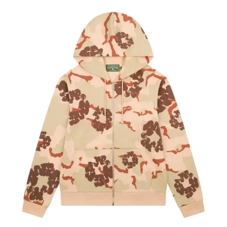AfewVibe Denim Tears The Cotton Wreath Zip Sweatshirt Tan Camo, tan camo hoodie front view