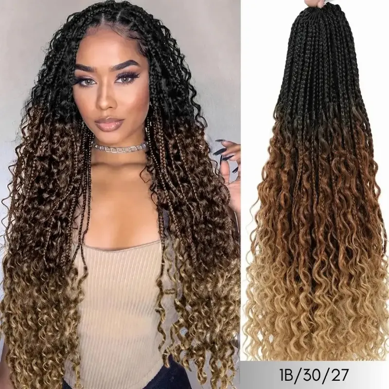 Hairsofly Shop (Shawty Ken) Boho Box Braids Crochet Hair, Curly Ends, Ombre Goddess Braids, Pre-Looped shown in 1B/30/27 color