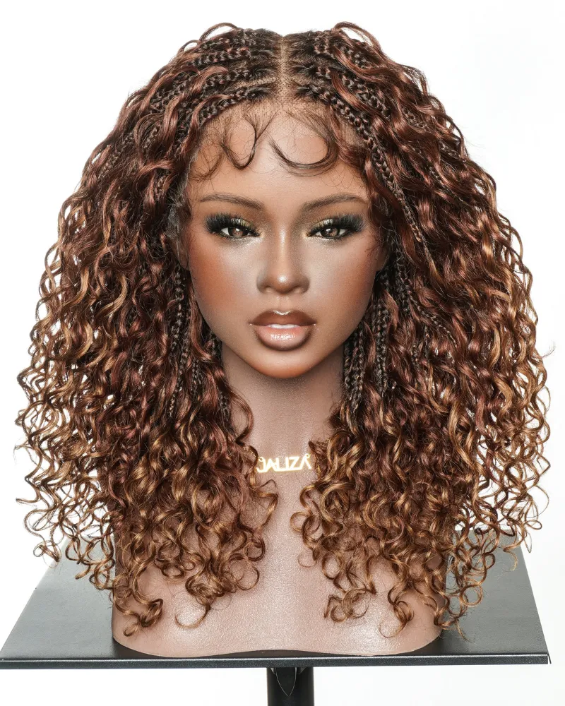 Jaliza 18 inch Copper Cocoa Color with Highlight Glueless Pre Bleached Swiss HD Full Lace Boho Box Braided Wig