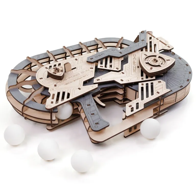Varvikas 3D Wooden Mechanical Puzzle Kit, Ping-Pong Gun (BEW016e) with mechanical firing mechanism