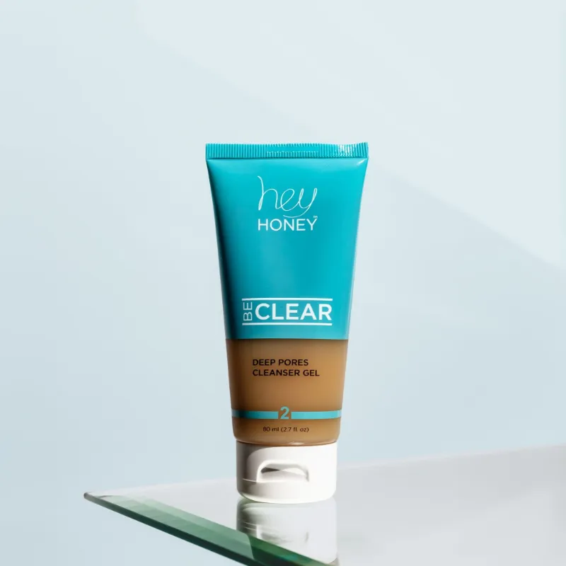 Hey Honey BE CLEAR Deep Pores Cleanser Gel bottle on white background