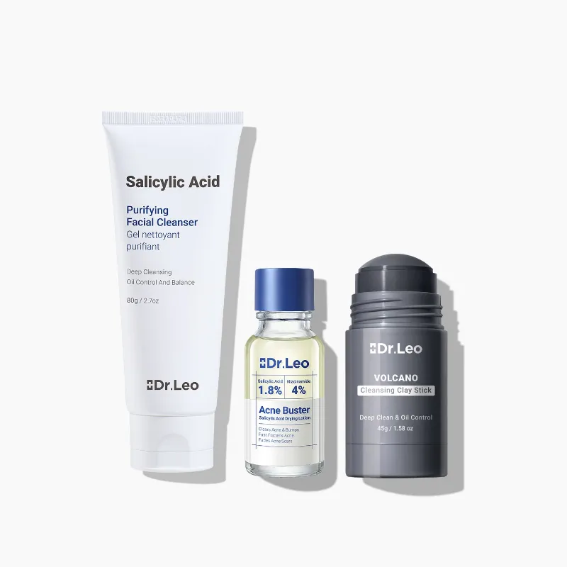 Dr Leo 3-Step Acne Control Routine bundle with cleanser, cleansing clay stick, and drying lotion plus