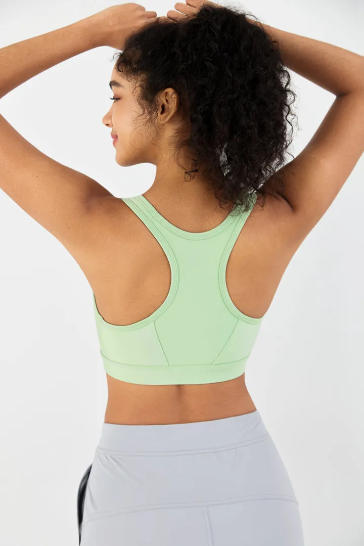 SALTUM Front Zip Sports Bra with High Support, featuring fluorescent logo and removable cups