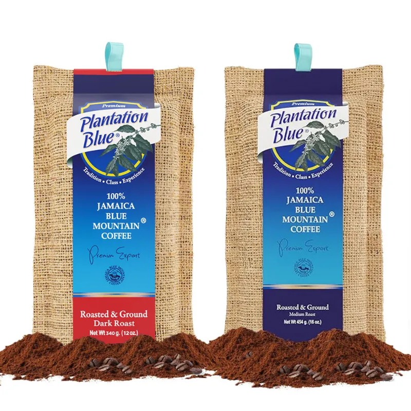Plantation Blue Coffee 12oz Dark Roast Ground & 16oz Medium Roast Ground bundle showing two bags of Jamaica Blue Mountain coffee