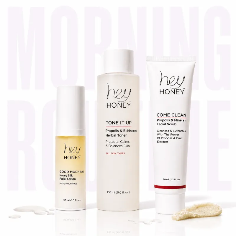 Hey Honey EASY MORNING 3 Step Routine set with propolis scrub, toner, and facial serum