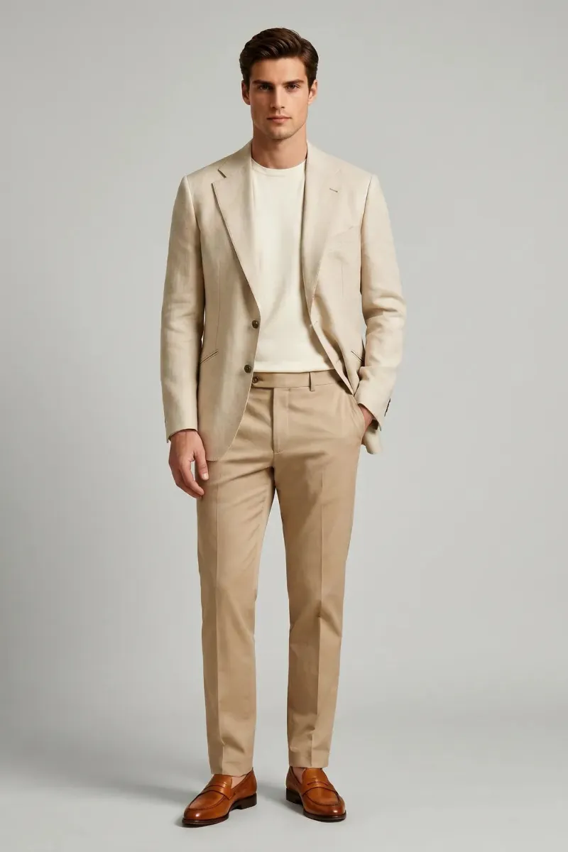 Wehilion Men's Beige Wide Notch Lapel Linen Blend 2 Piece Suit, beige linen blend suit