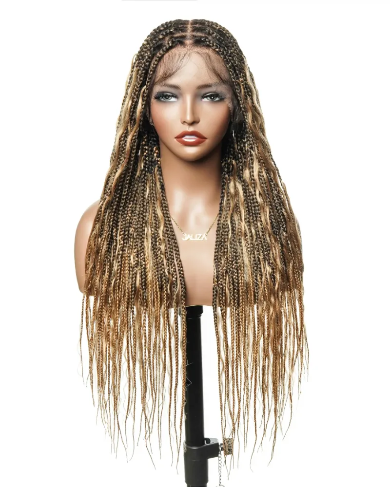 Jaliza 30 inch Pre Bleached Human Hair Lace Lightweight Human Hair Boho Curls Box Braided Wig with curly boho ends