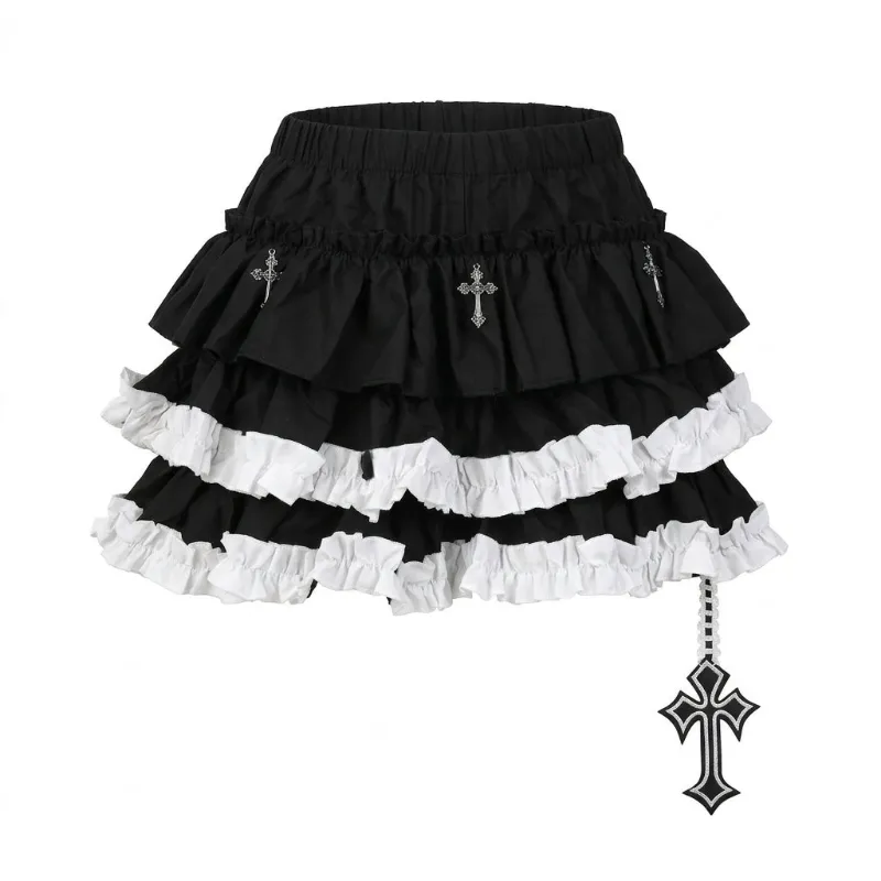 Shoptery Jirai Kei Black White Ruffle Tiered Mini Skirt with Cross Charms and layered lace