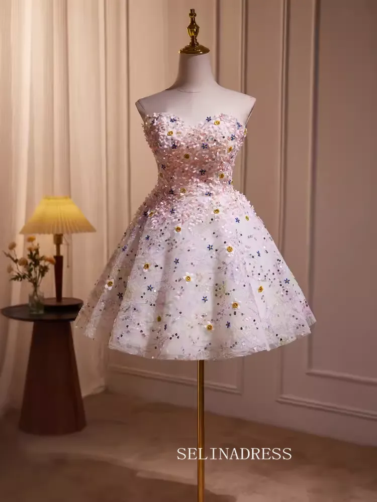 Selinadress A Line Sweetheart Tulle Light Pink Flower Short Prom Dress Cocktail Dress on a golden mannequin