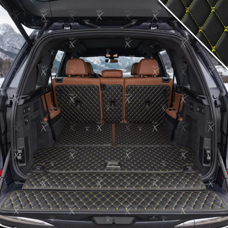 Luxus Car Mats Diamond XtendFit Trunk Mat in Black & Yellow Stitching showing diamond-stitched cargo liner