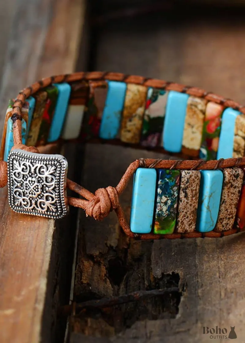 Boho Dress Boho Bracelet, Leather Wrap Bracelet, Blue Brown Tube Ethic leather and stone wrap bracelet with tube beads