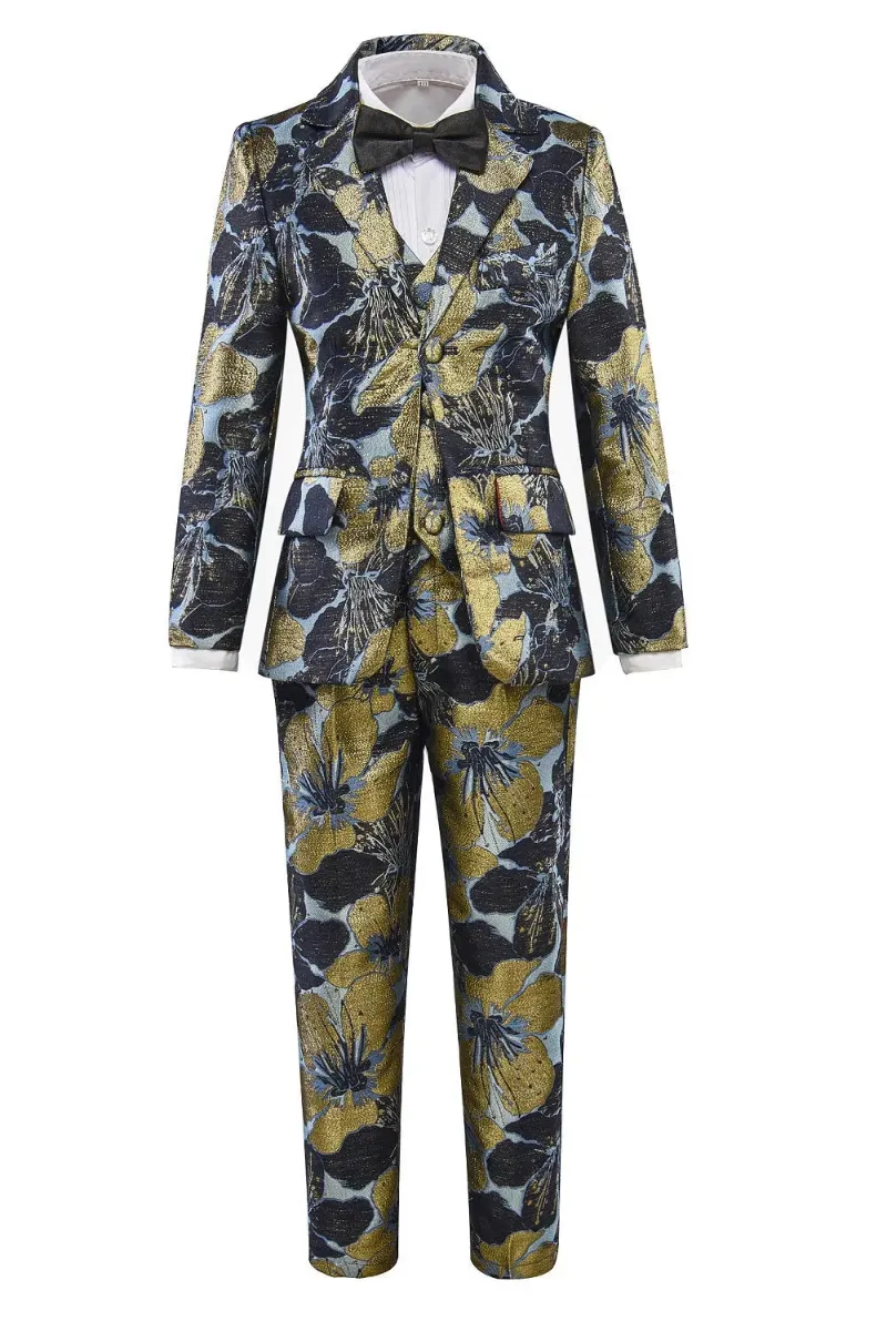 Wehilion Blue and Grey Unique Patterned Party Banquet 3 Piece Boys Suits, blue-grey patterned blazer set