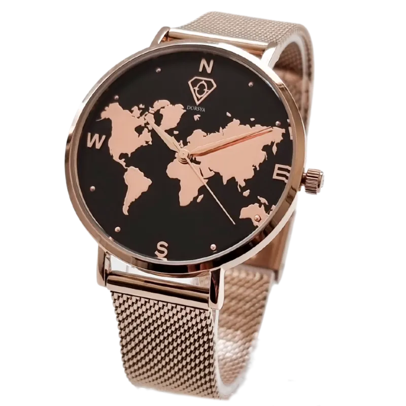 DORSYA Asteria Rose Gold World Map Watch with black dial and rose gold mesh strap