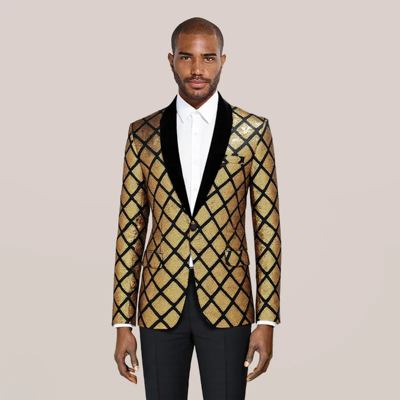 Cloudstyle C4B0058 Gold Glitter Checkered Blazer front view