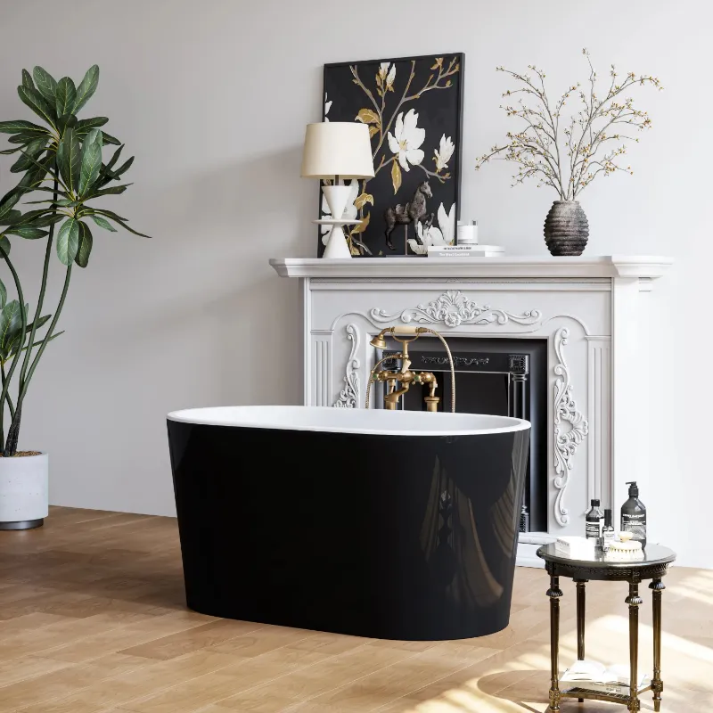 HOROW Black Acrylic Bathtub with Overflow and Left Drain, sleek black freestanding tub in a modern bathroom.