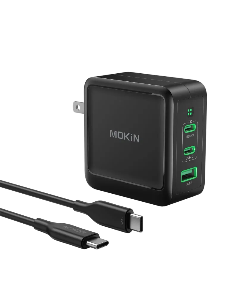 MOKiN 100W GaN USB-C Charger 3-port wall adapter showing charging ports