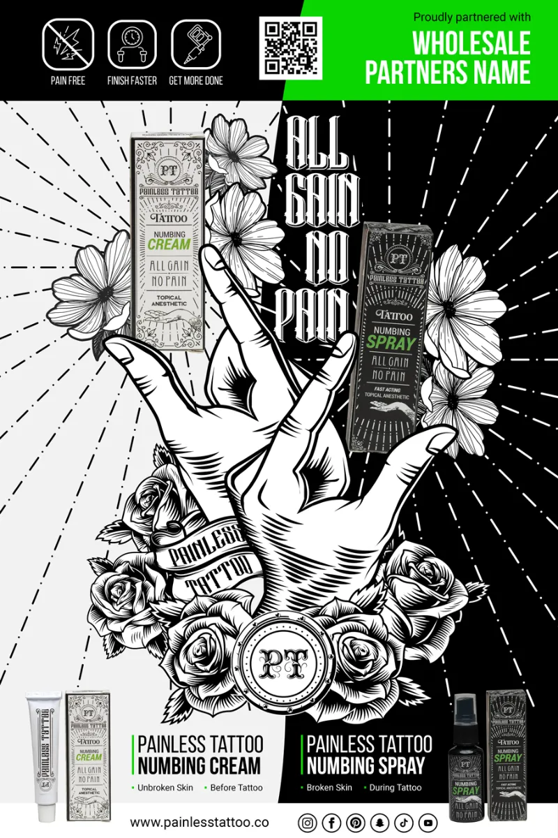 Painless Tattoo Vertical Metal Shop Sign 2, custom metal sign with artist name hanging in a tattoo studio