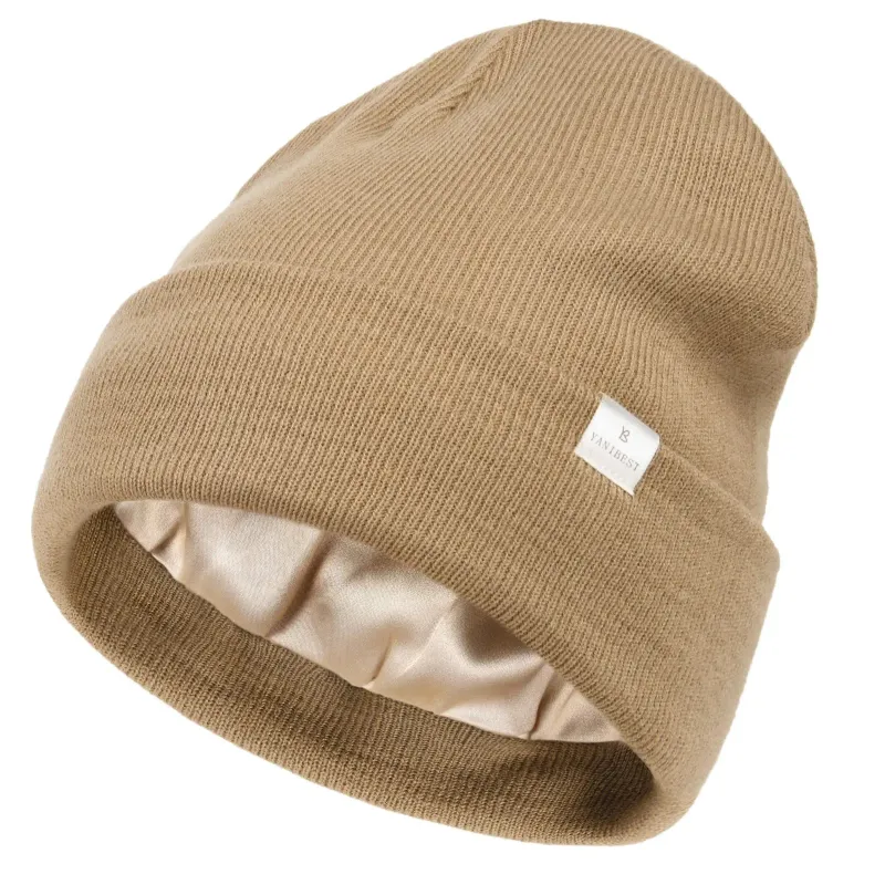 Yanibest Butter Satin Lined Knit Skull Beanie in Khaki shown on model