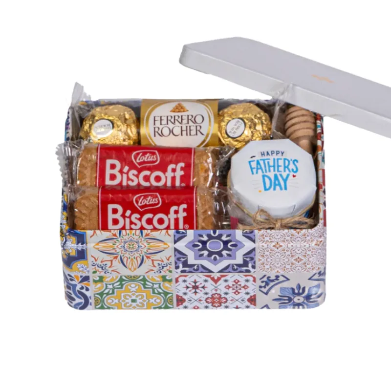 HoneySpree Father's Day Sweet Treat Tin with honey jar, chocolates, and accessories in decorative tin