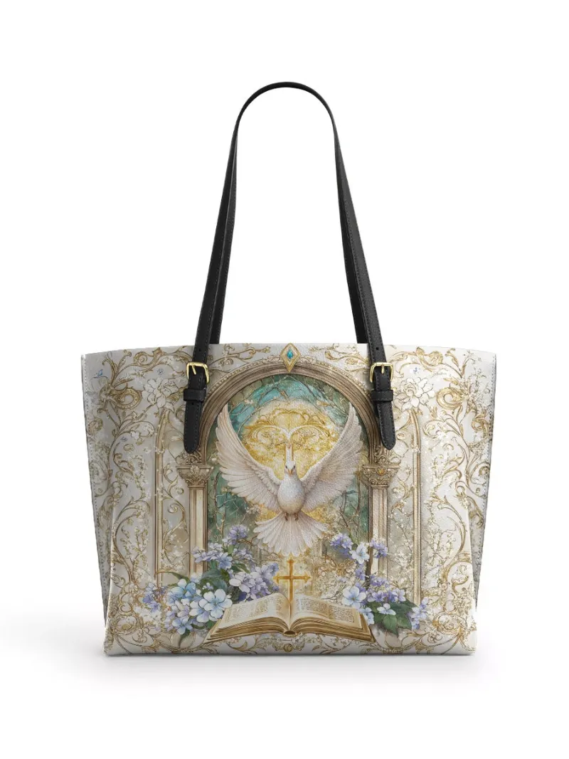 Catholight Sanctuary of the Holy Spirit Leather Tote Bag showing a spacious tote with sacred art design
