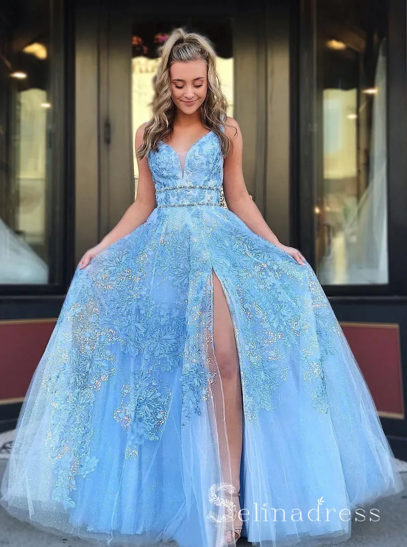 Selinadress A-line Blue Lace Long Prom Dresses With Split Beaded Modest Formal Dress backless gown
