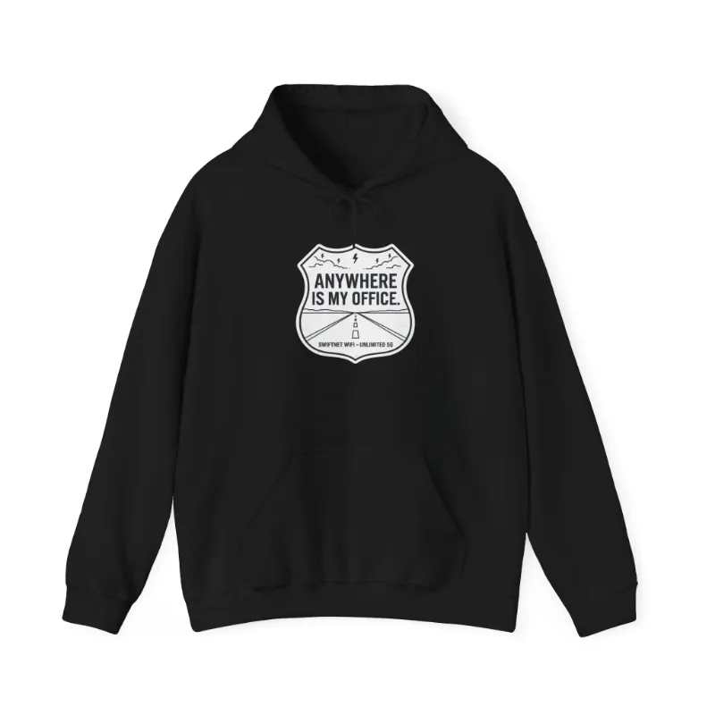 SwiftNetllc Anywhere Is My Office Hoodie unisex fleece pullover with remote work shield patch