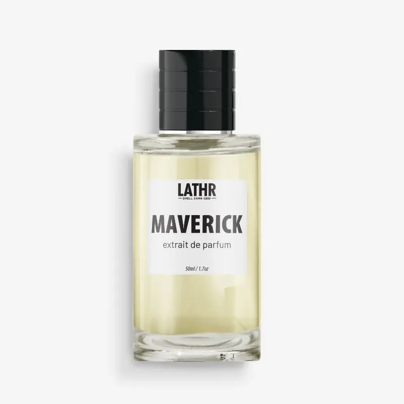 LATHR Maverick Reserve Extrait Cologne burgundy bottle with dark wooden accents