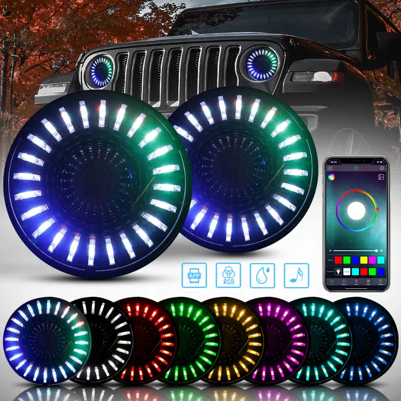 Sunpie 7 inch 3D RGBW Halo LED Headlights with smartphone app control for Jeep Wrangler