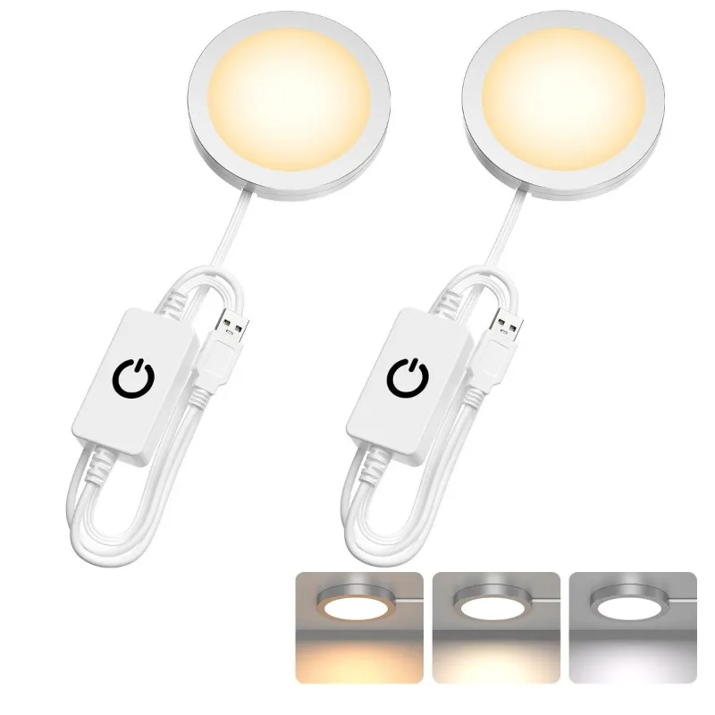 AIBOO 2 Pack Puck Lights 5V Single USB Powered 3 Color Temperature Adjustable Under Cabinet Light