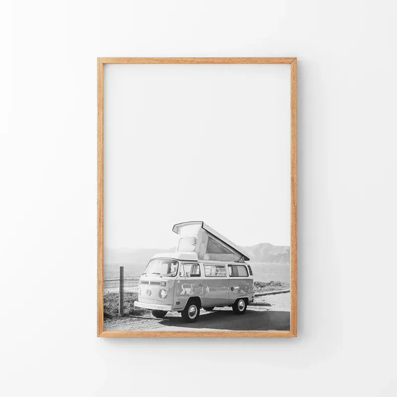 Wall Art Set Black and White Hipster Van Poster showing a van against desert landscape